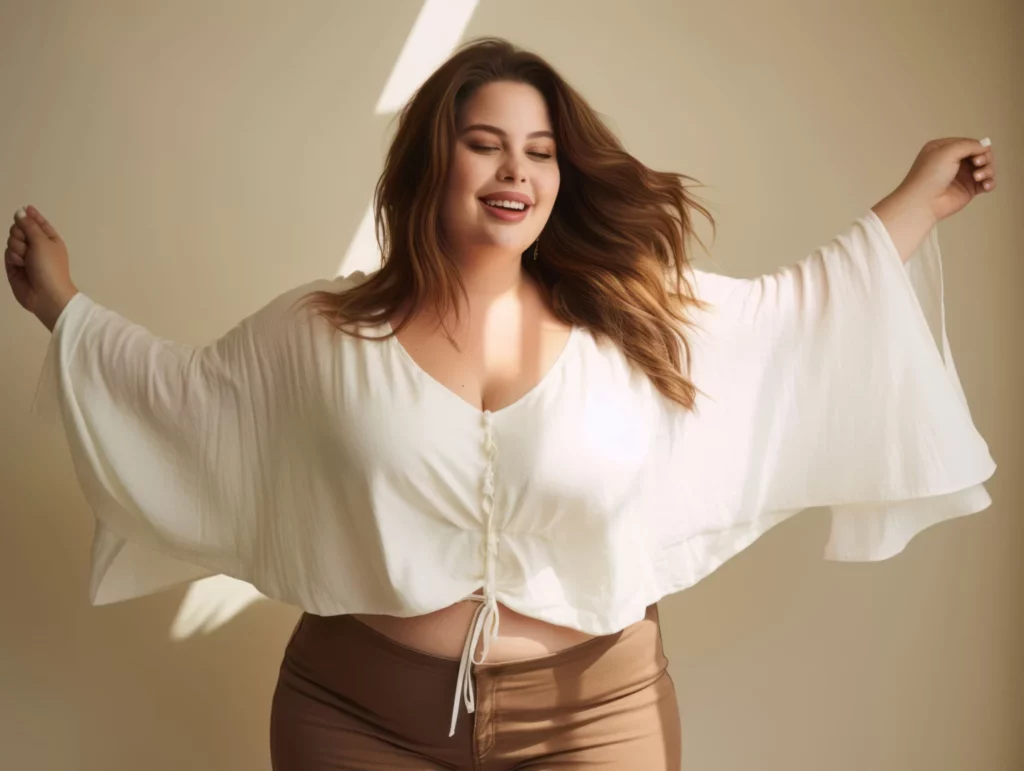 Cheerful woman with her clothes created with a plus-size sizing chart.
