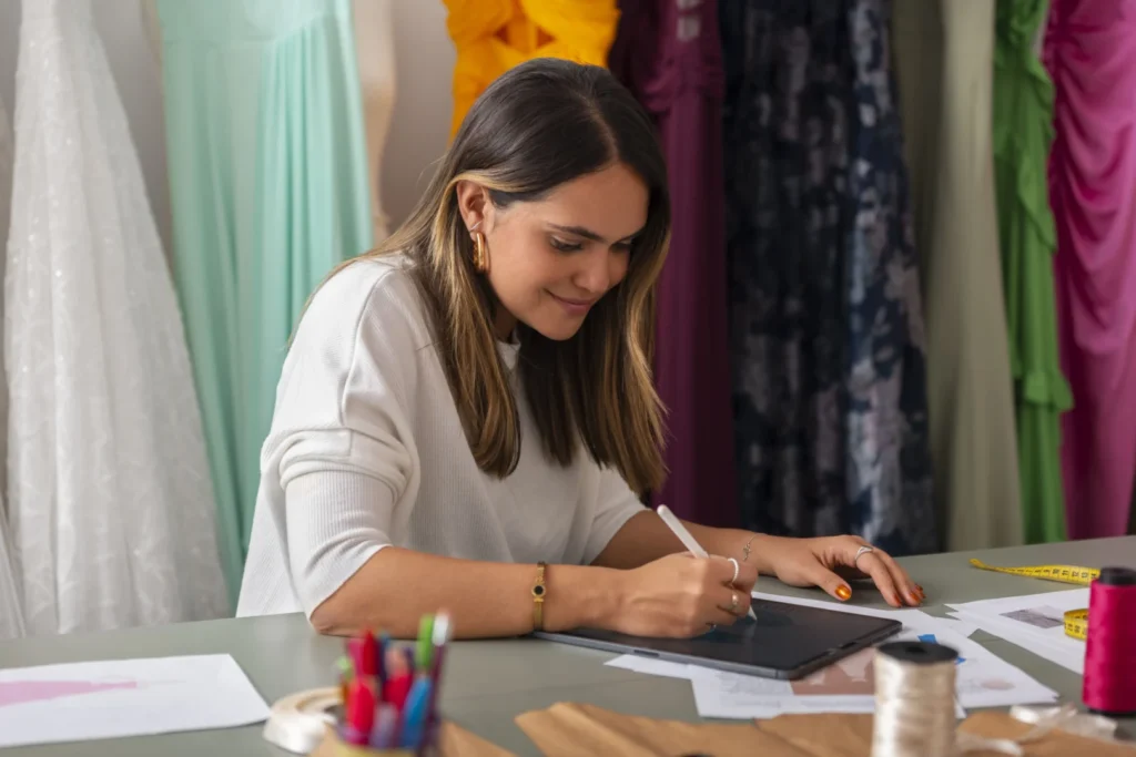 Mulher criando desenho de moda online em app