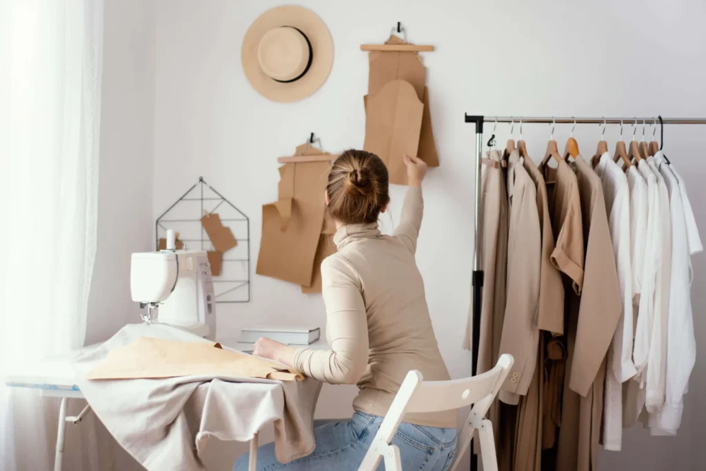 Mulher criando moldes de peças para confecção pequena de roupas 