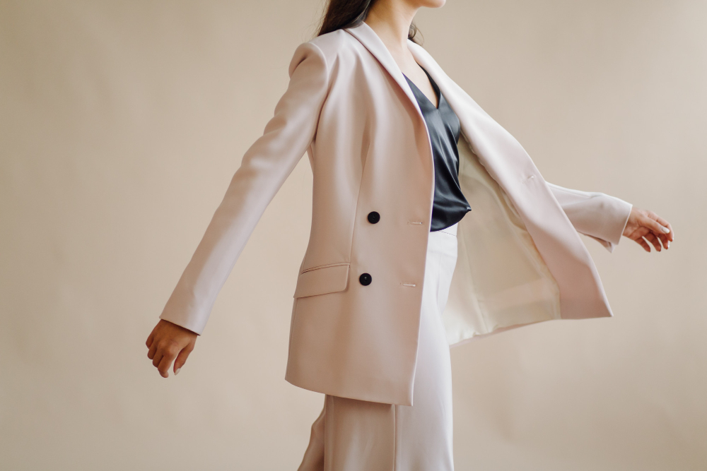 Color of the Year: a pantsuit in the Color of the Year 2026, Cloud Dancer.