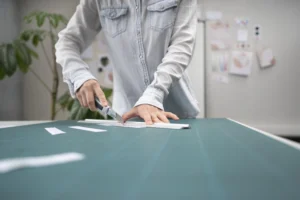 diseñadora usando su mesa de corte textil