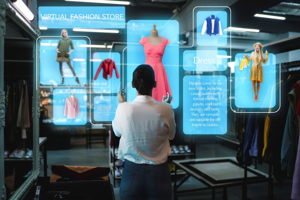 Expansão de mercado: mulher usando painel virtual de moda