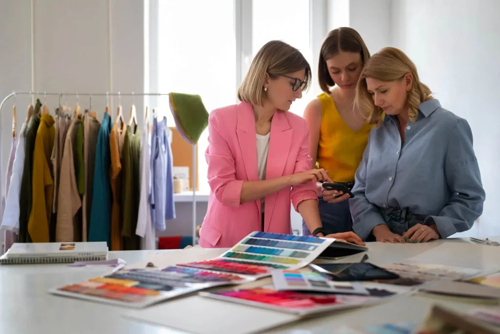 Three women working in the apparel industry selecting the garment types for a fashion collection.