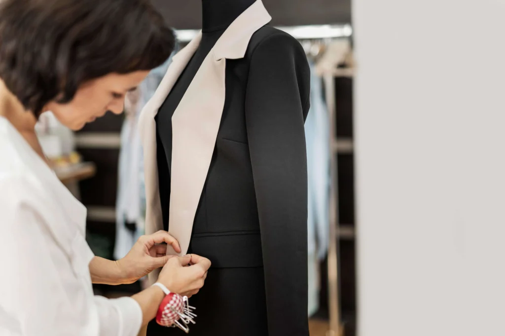 Mujer armando un traje sastrero para su producción de moda