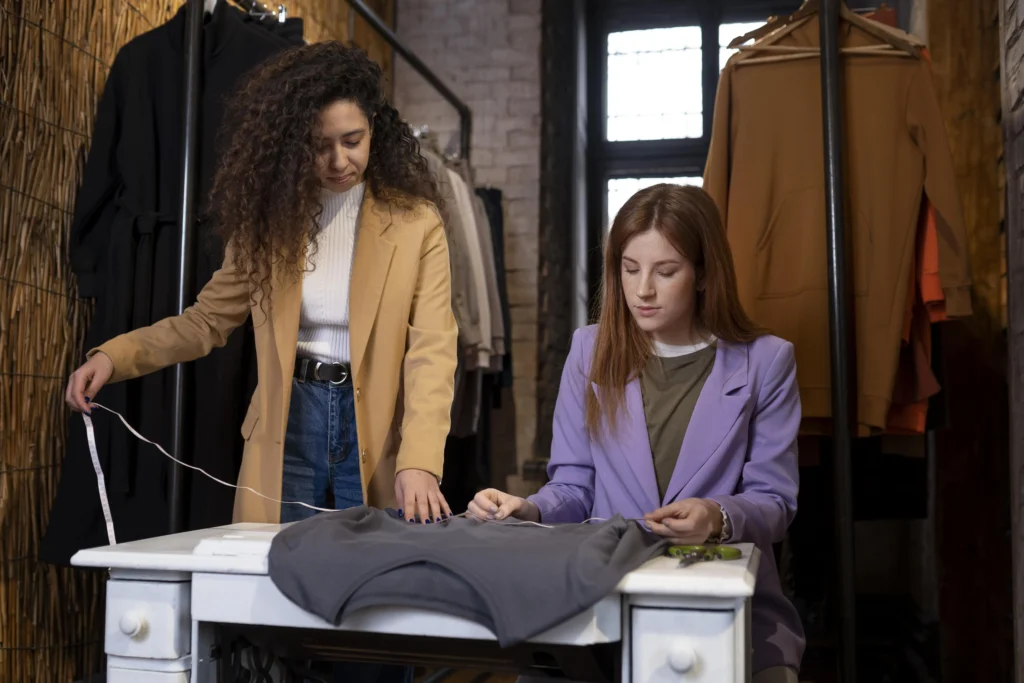 dos mujeres verificando la calidad del producto de moda