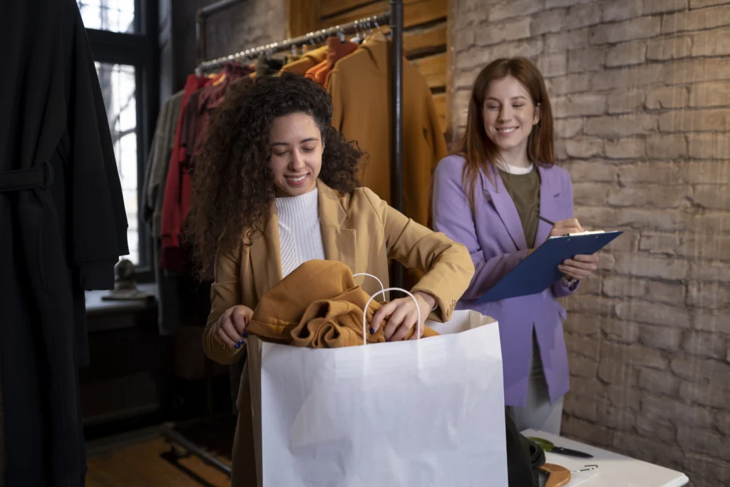 diseñadoras empacando una prenda luego de ver la calidad del producto