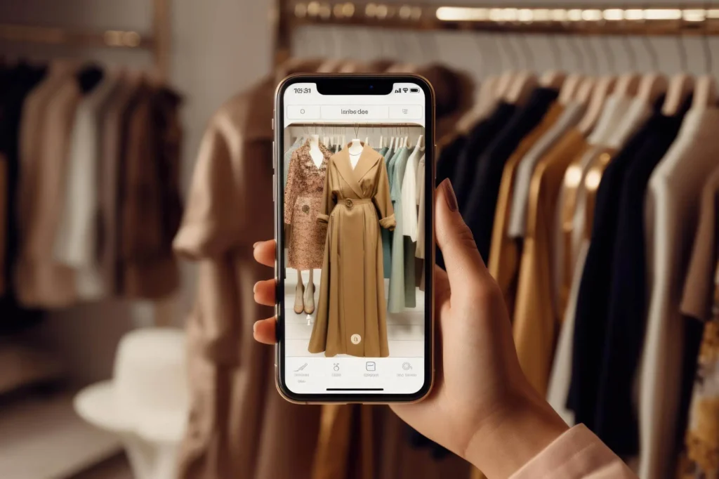 A woman using her phone to explore the benefits of fashion buying and merchandising.