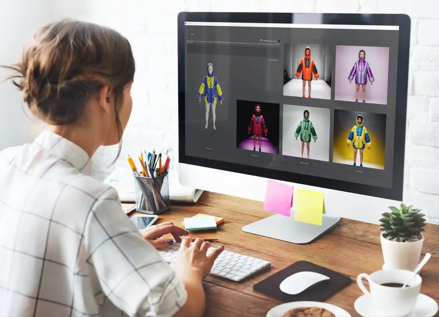 A fashion designer using technology to simulate fabric texture on a computer.