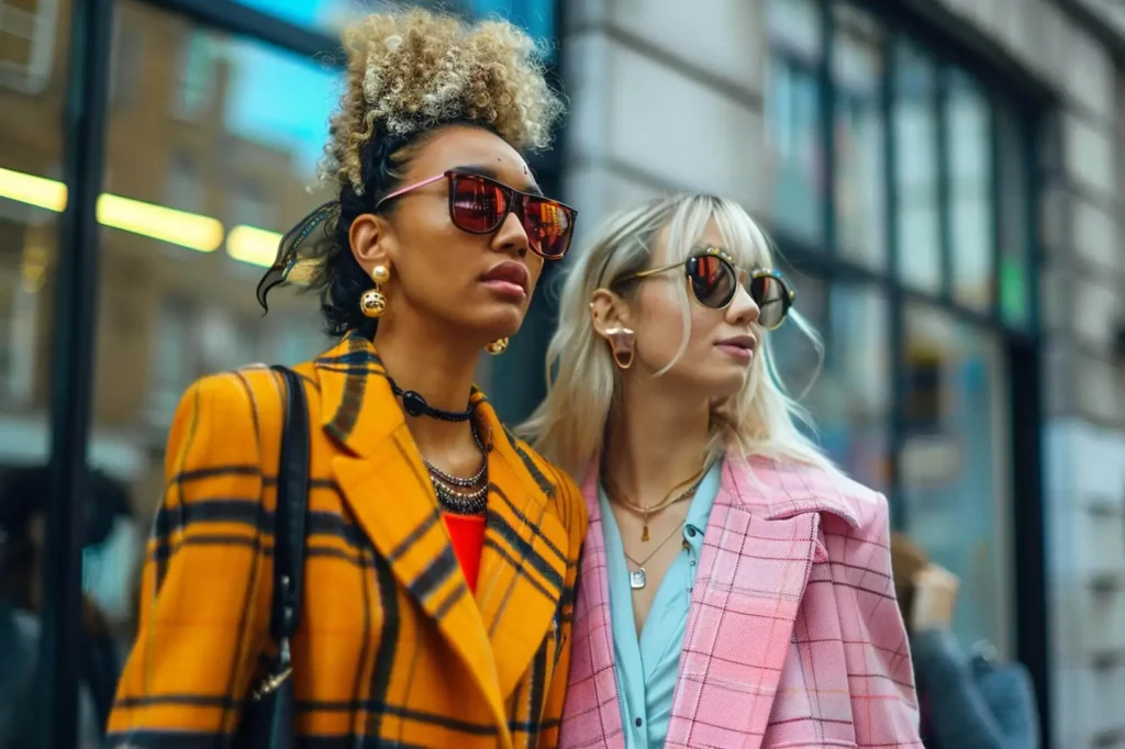 Two women wearing coats with checkered print pattern.