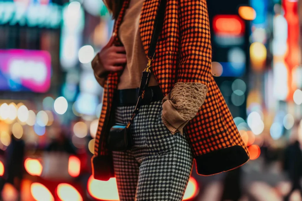 A woman wearing both pants and a coat with checkered print pattern.