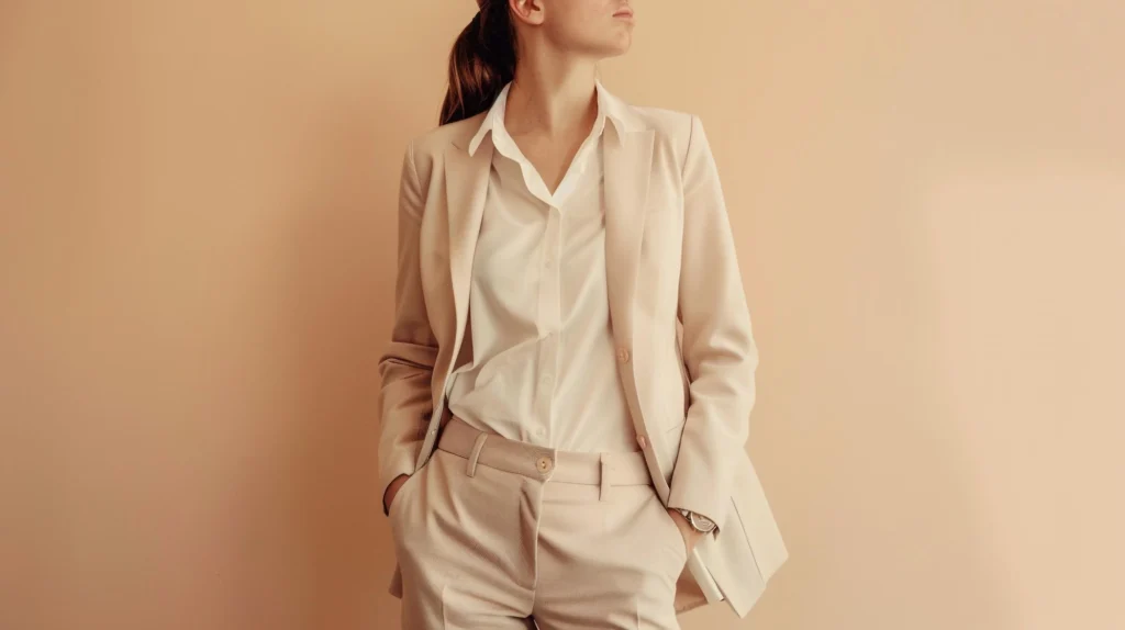 A woman wearing a beige suit set following the quiet luxury trend.