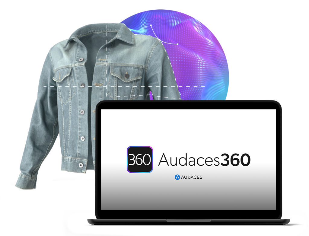 Desenho de jaqueta jeans criada com Audaces Fashion Studio. Ao lado, notebook aberto com a logo da multissolução Audaces360.