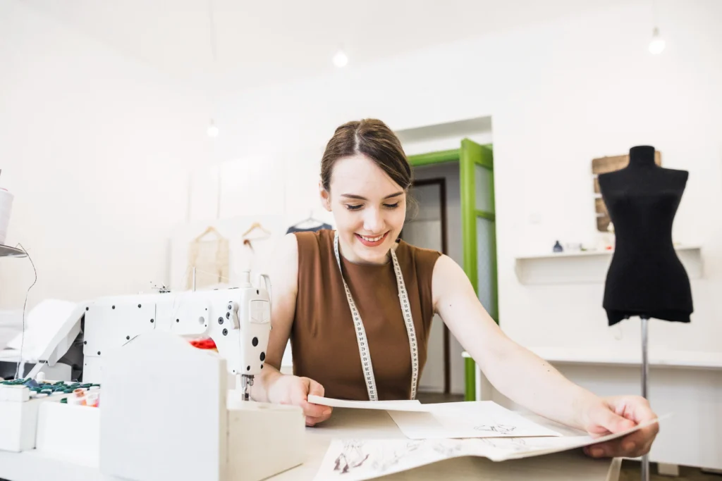 Mujer rodeada de telas, trabajando en su plano de corte sobre una mesa de costura.