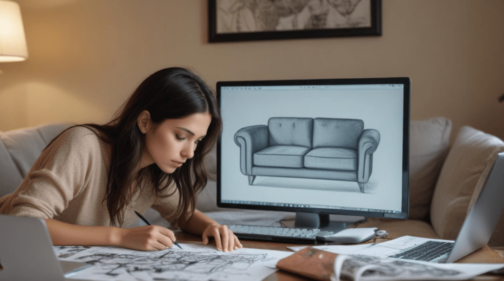 Mujer realizando un boceto  con un programa para diseño de muebles