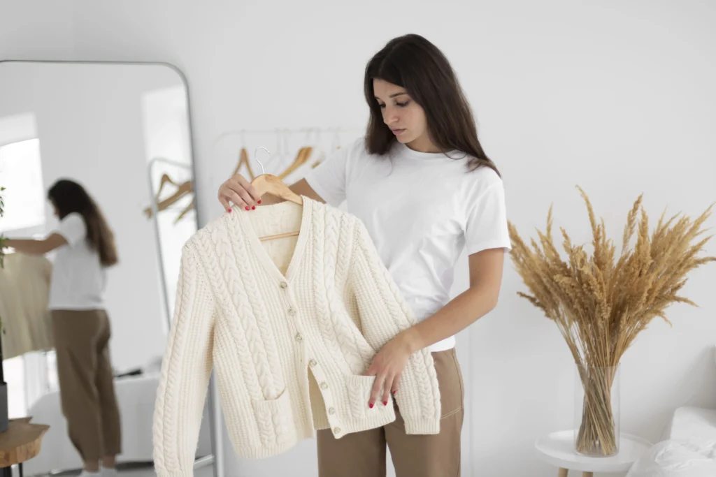 Woman looking at a slow fashion knitwear piece 