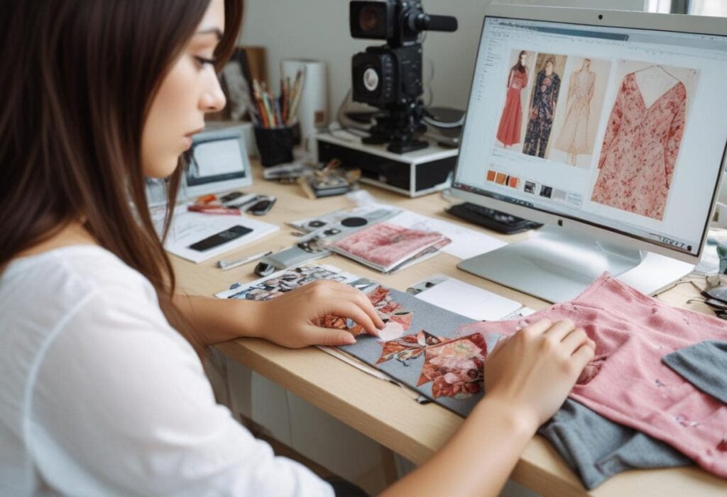 mujer creando piezas con tecnología en taller de costura