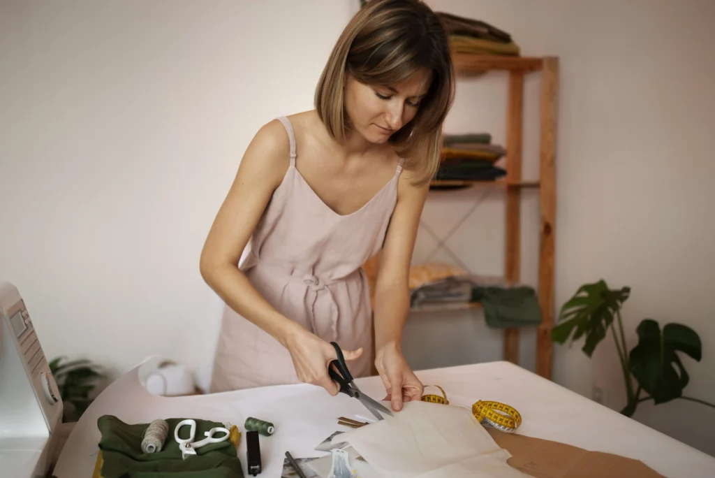 Diseñadora con herramientas de patronaje en su estudio