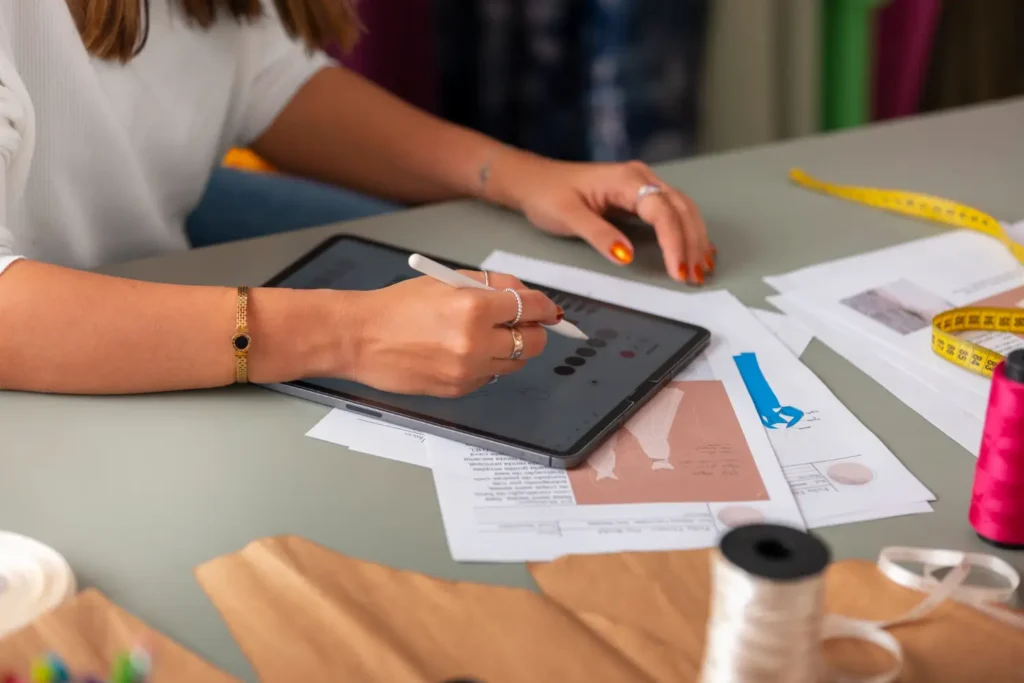 Estilista criando modelagem de saia no tablet