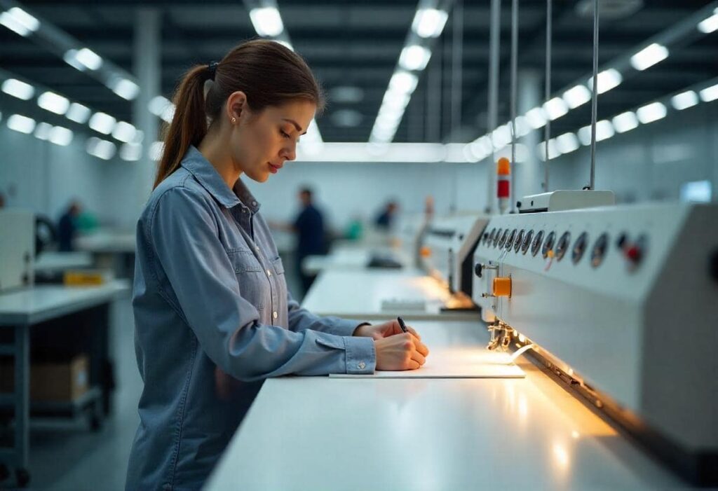 Diseñadora de una planta textil utilizando tecnología avanzada para optimizar procesos, ejemplo de la automatización industrial aplicada al diseño y confección