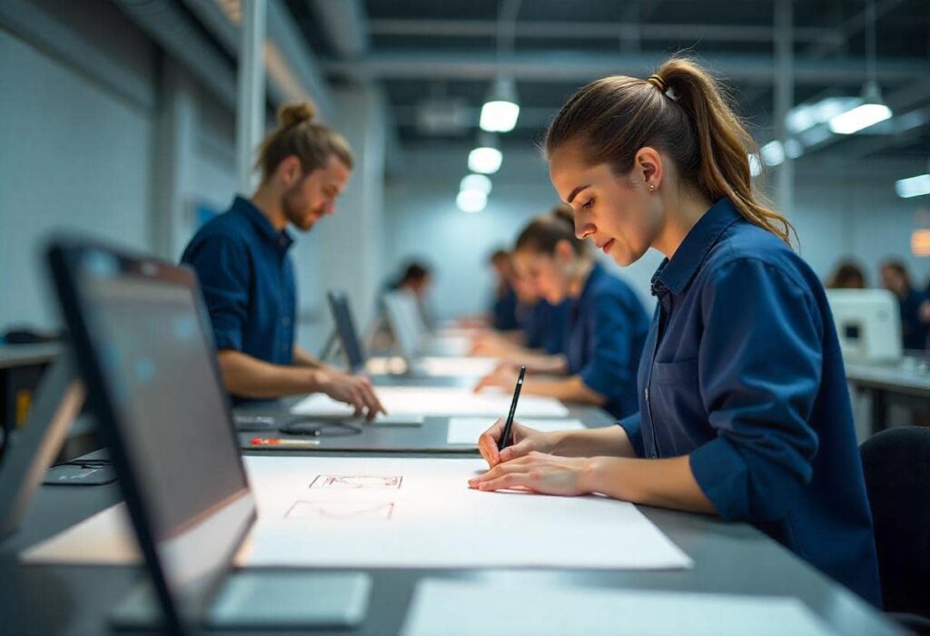 Equipo de operarios en una fábrica, resaltando el impacto de la automatización industrial en la precisión y calidad.

