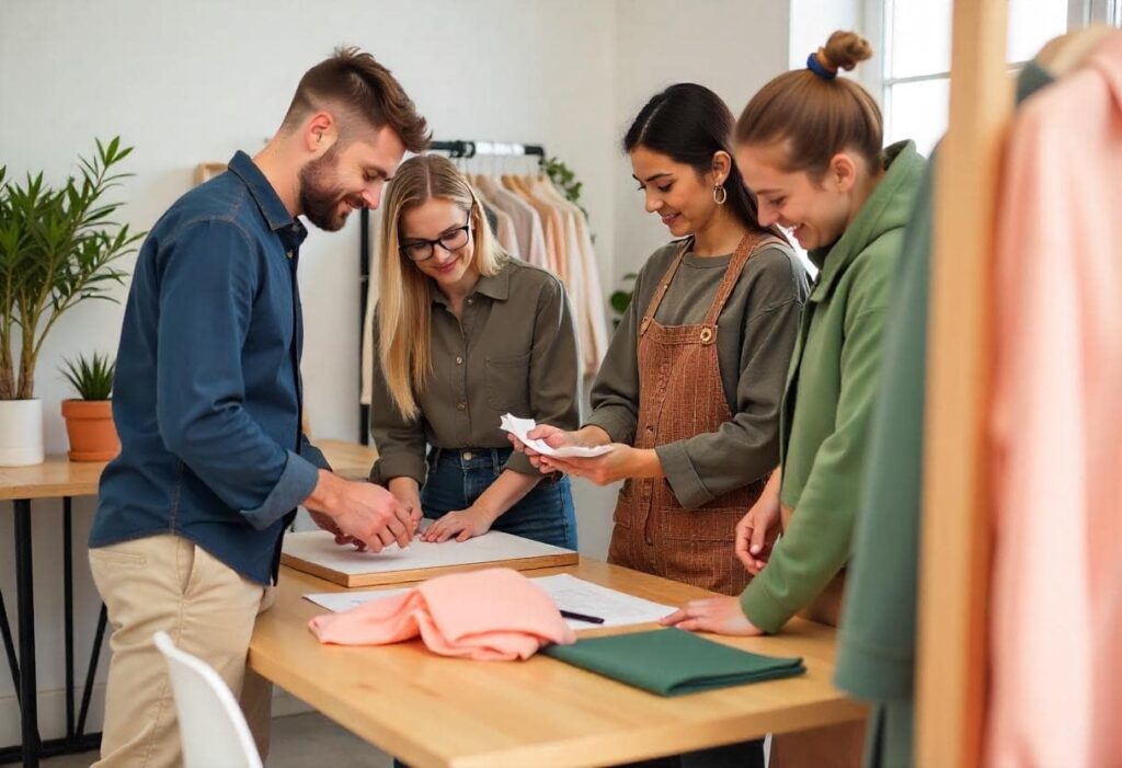 Diseñadores colaborando en un espacio creativo, con herramientas y pantallas a su alrededor, mostrando cómo la economía creativa impulsa su trabajo innovador.