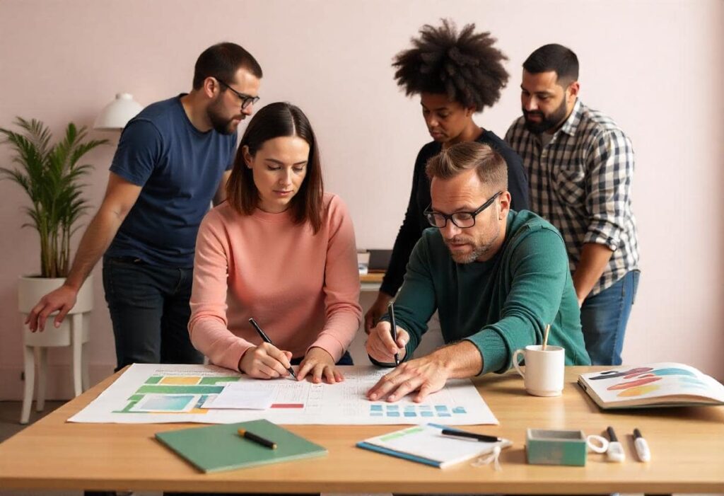 Equipo de diseñadores compartiendo ideas en un entorno de trabajo moderno, con pantallas y bocetos, mientras se refleja el impacto de la "economía creativa" en sus proyectos.