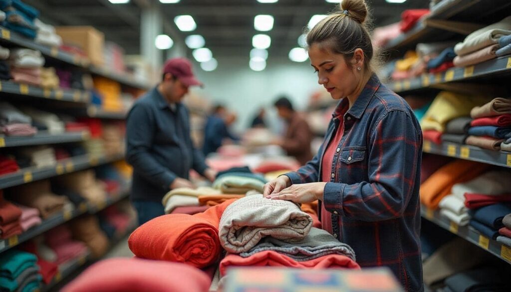 Equipo de producción en una fábrica textil, enfocados en la exportación de productos textiles, asegurando la calidad y el empaquetado