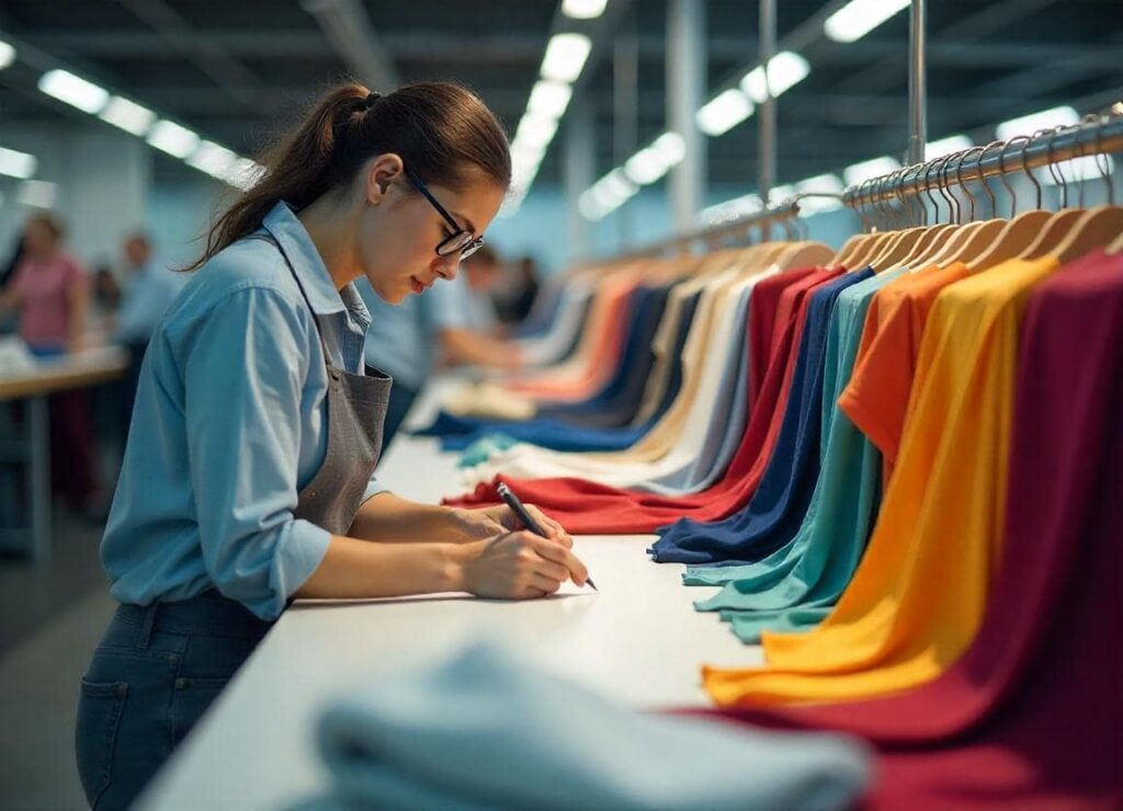 Operarios en una fábrica organizando y empacando productos textiles listos para la exportación a mercados internacionales.