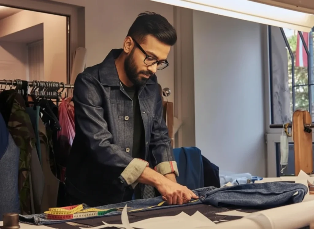 Fashion industry: a man working in a fashion atelier.
