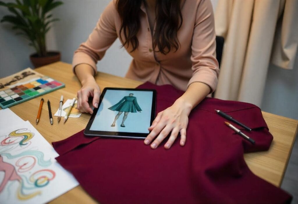 Diseñadora de moda utilizando software de prototipo digital para perfeccionar sus diseños de prendas.