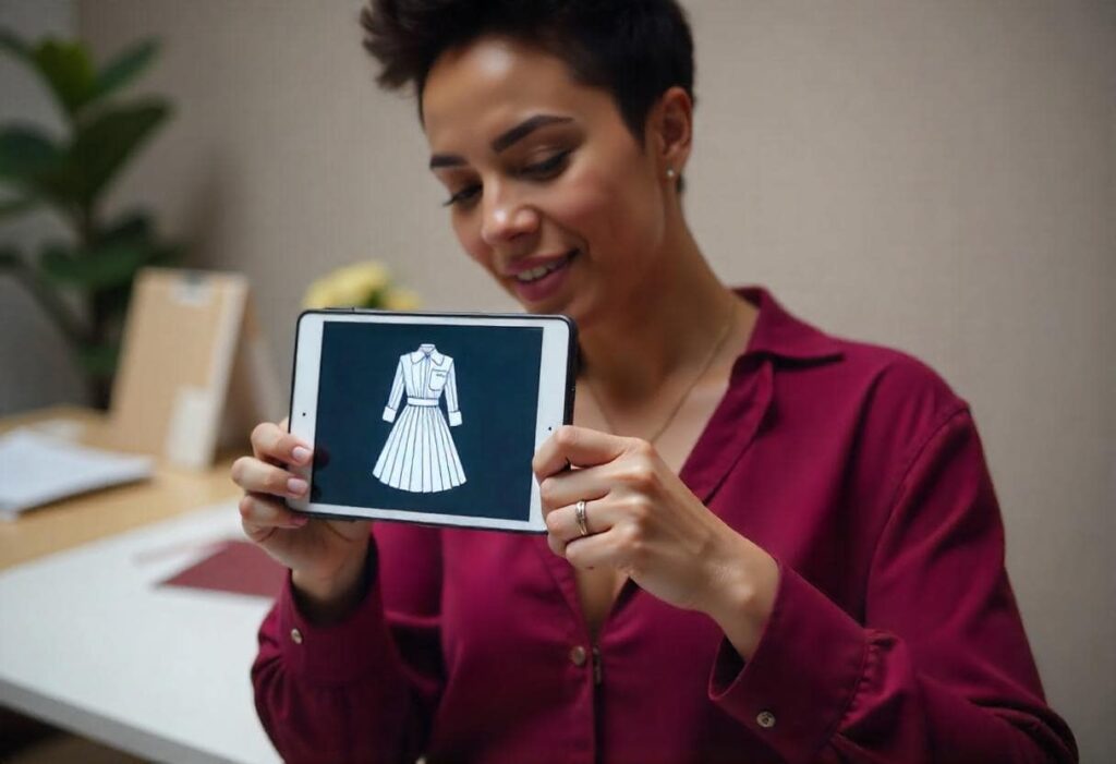 Diseñadora de moda trabajando en un prototipo digital en la pantalla de su tablet