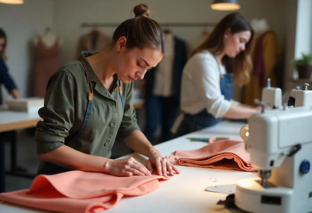 Diseñadoras en su taller mostrando cómo cortar tela con una máquina de corte automatizada, rodeada de diferentes tipos de telas.