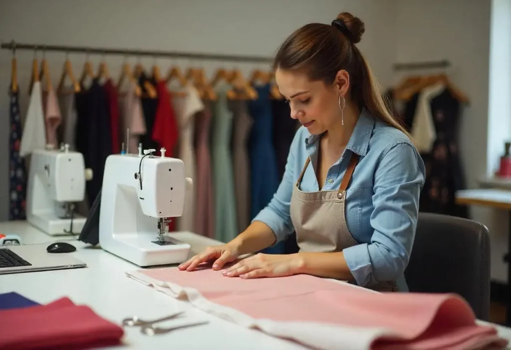 Taller textil con diseñadora demostrando técnicas de cómo cortar tela usando máquinas especializadas