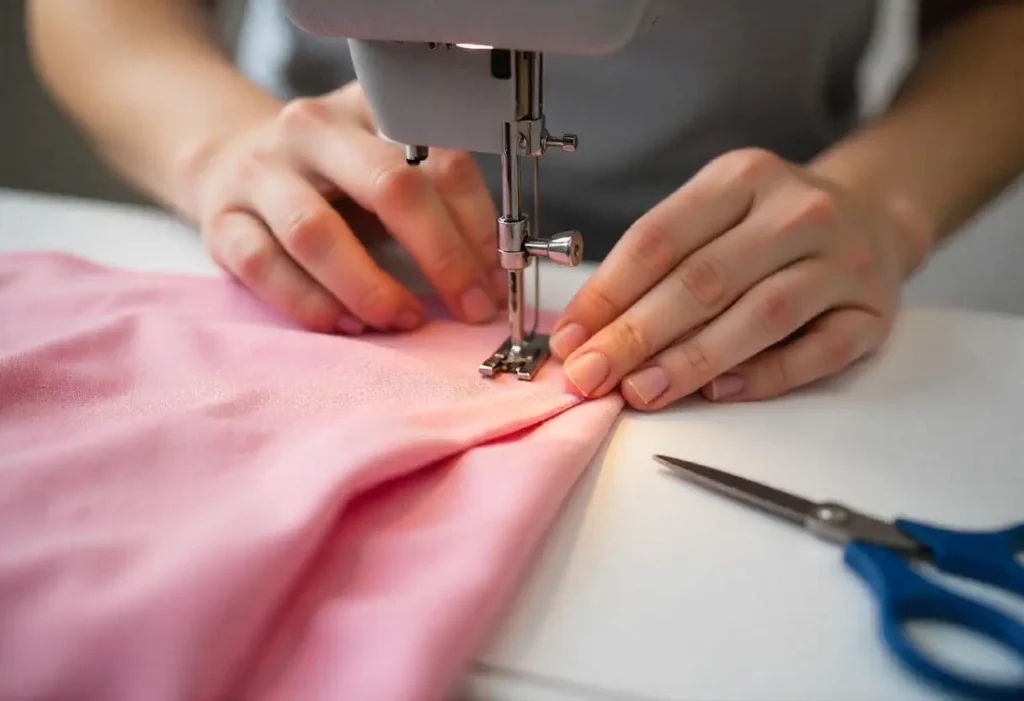 Mujer diseñadora utilizando tijeras y una mesa de trabajo mientras aprende cómo cortar tela con precisión para confeccionar prendas.