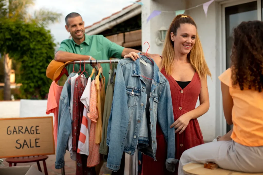 Família contribuindo para a moda circular e fazendo um bazar de roupas.