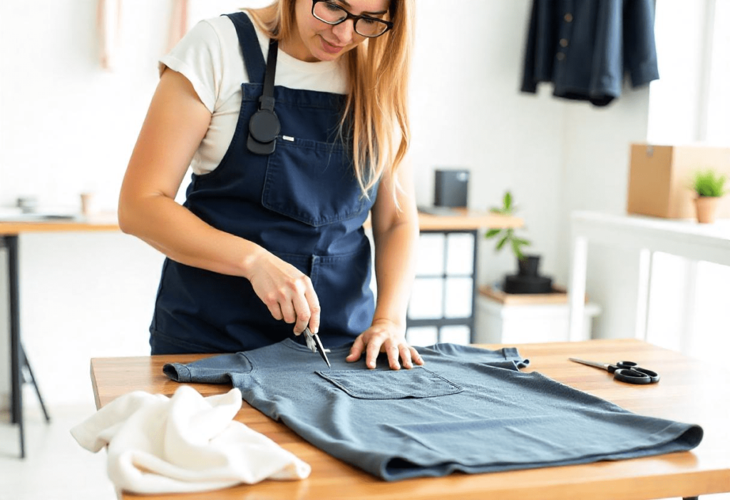 Diseñadora cosiendo un tipo de bolsillo en un patrón de camiseta. 