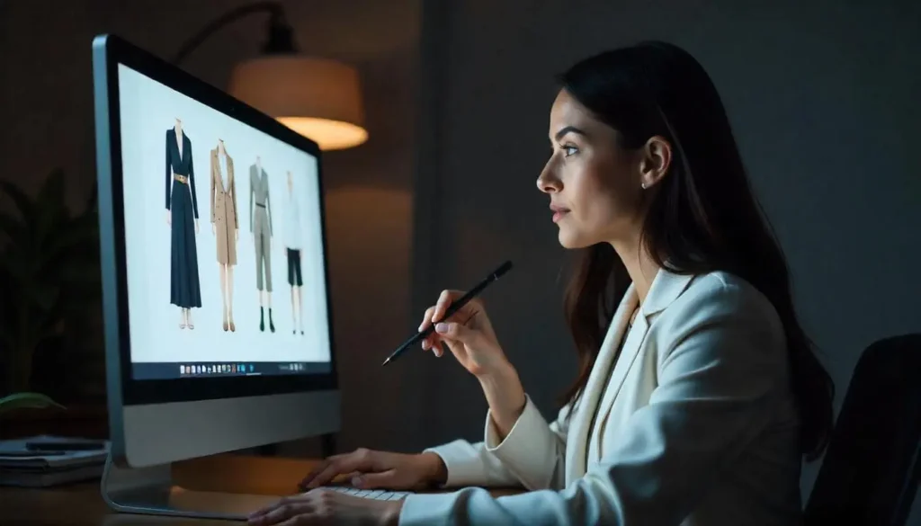 Mujer utilizando un software CAD, diseñando modelos 3D para la industria textil.