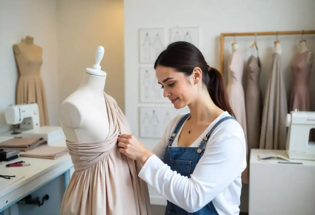 Ddiseñadora ajusta un vestido drapeado en un maniquí, analizando la fluidez de la tela y realizando mejoras antes del proceso de costura.