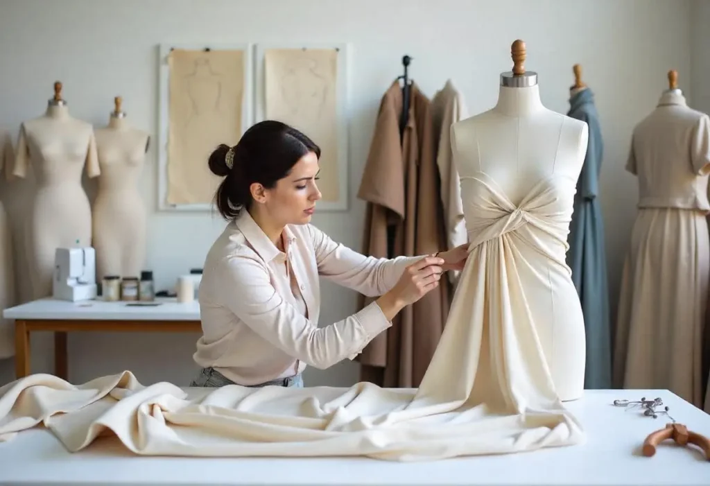 Diseñadora ajustando pliegues en un vestido drapeado