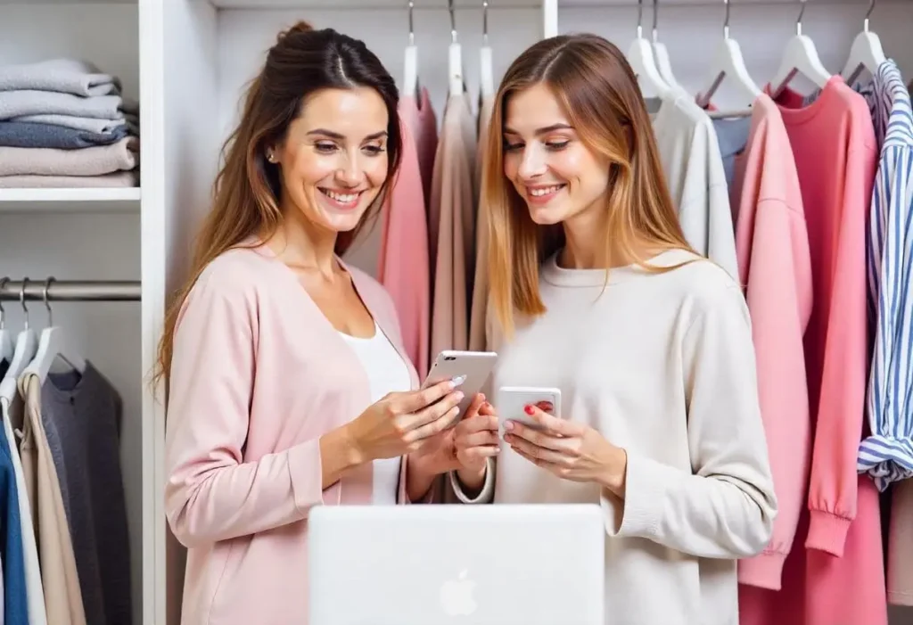 Mujeres comprando ropa desde sus smartphones, viviendo una experiencia de compra online