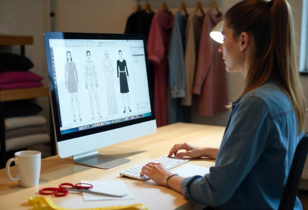 Diseñadora de moda, sentada en su estudio, trabajando en su computadora con un software de fichas técnicas.