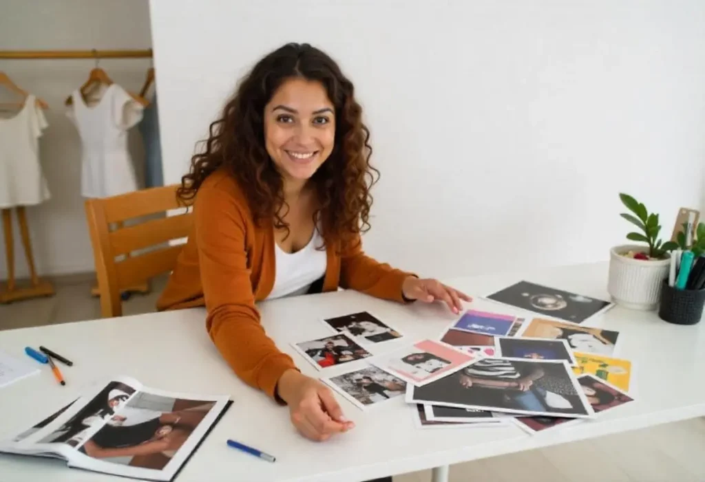 mujer creando un moodboard como inspiración para colección de ropa