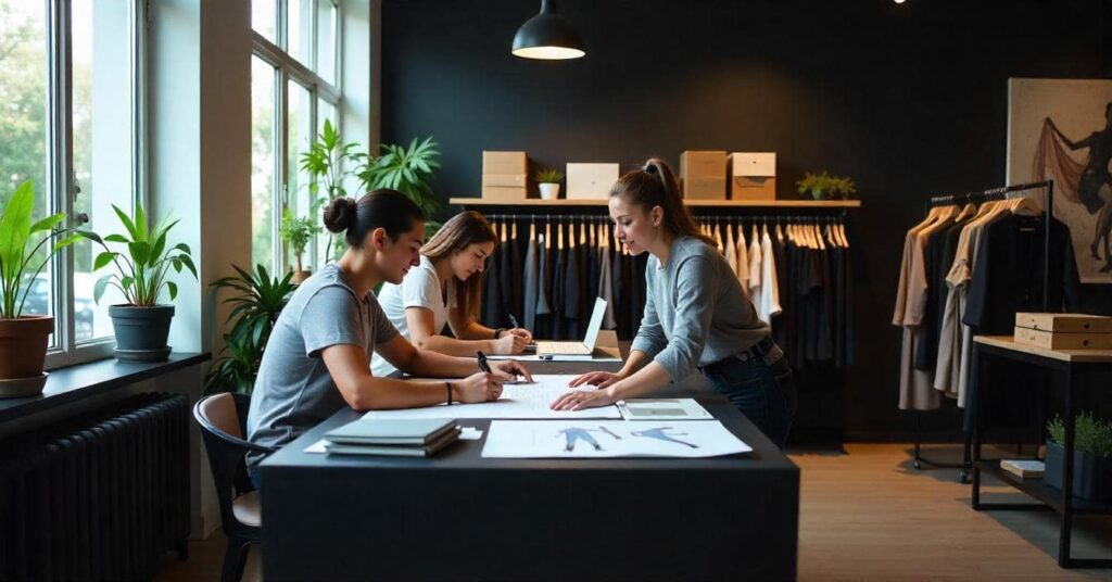 Un grupo de trabajadores en un estudio de confección, con prendas dentro de un sistema de producción de ropa eficiente y organizado.