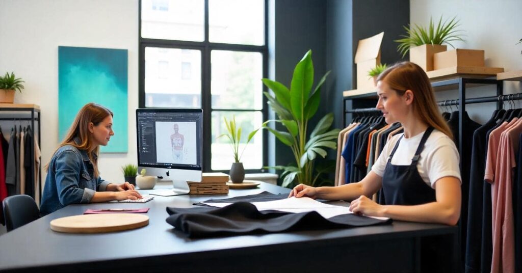 diseñadora revisa prenda en un proceso automatizado y manual que optimiza el sistema de producción de ropa, mientras otra mujer diseña en 3d