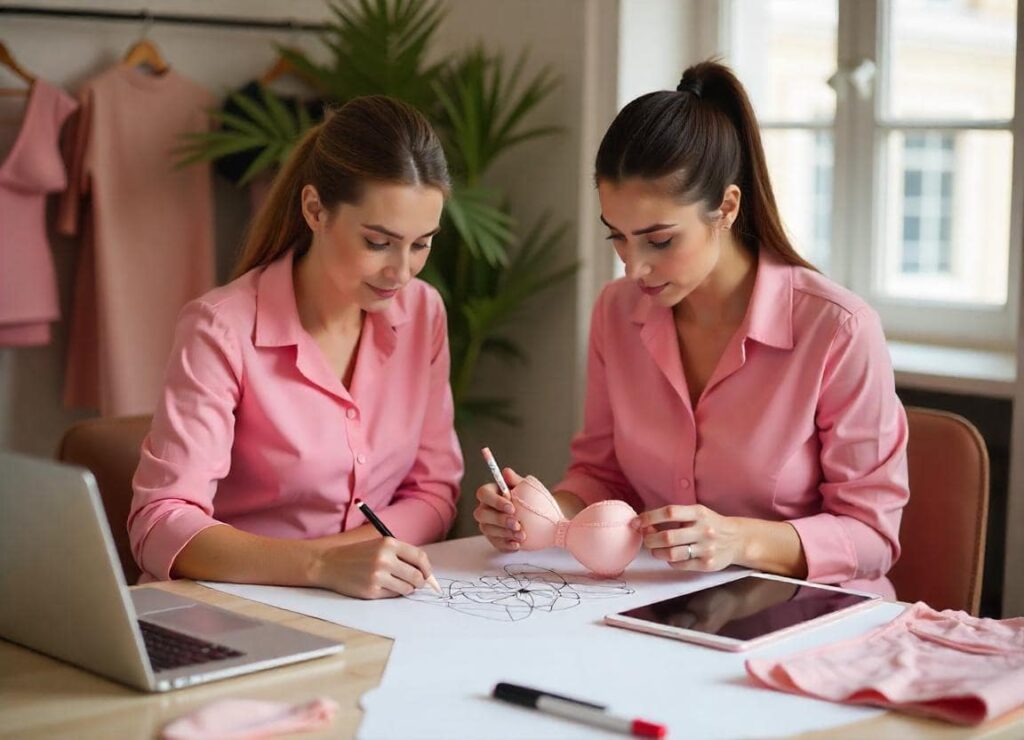 Diseñadoras de moda trabajando en su estudio, dibujando patrones para ropa interior