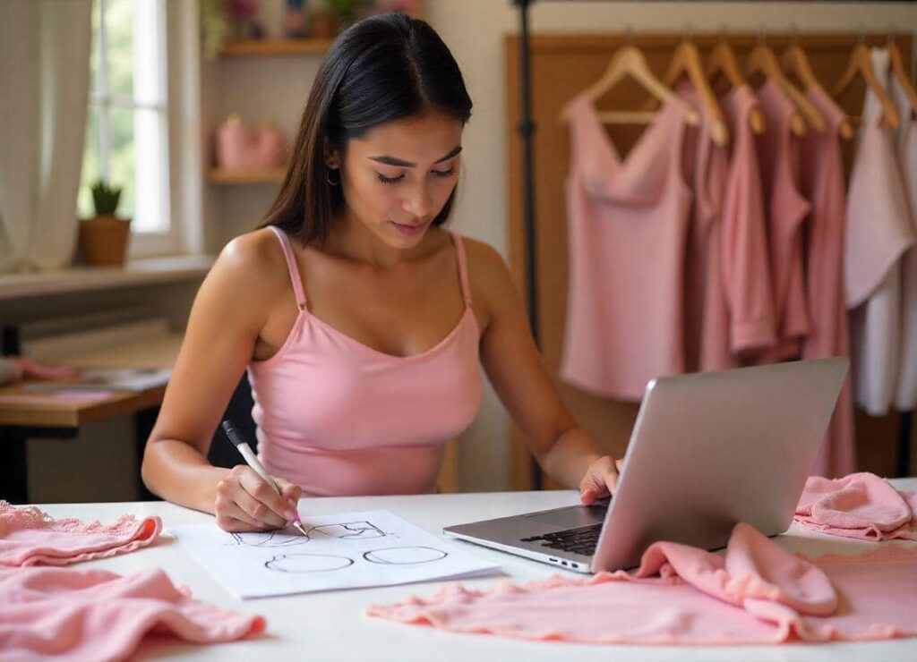 Una diseñadora creando patrones para ropa interior en su mesa de trabajo.