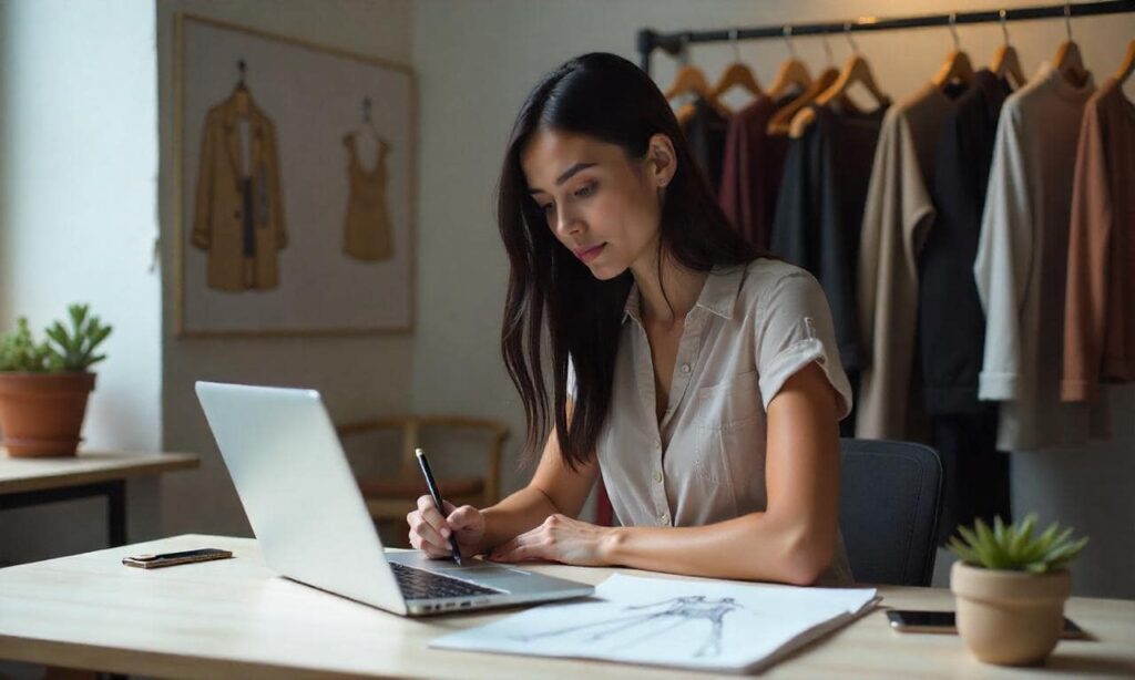 Diseñadora de moda incorporando tecnologías limpias en el proceso creativo, desarrollando colecciones de moda responsables con el medio ambiente.


