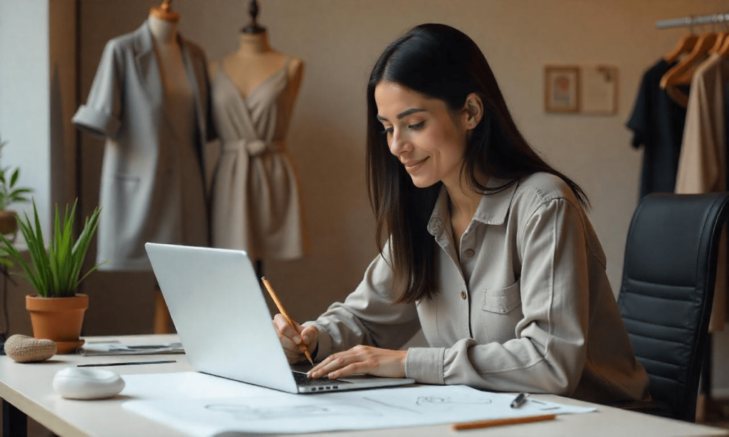 Diseñadora trabajando con tecnologías limpias en su estudio, integrando materiales sostenibles en sus diseños de moda innovadores