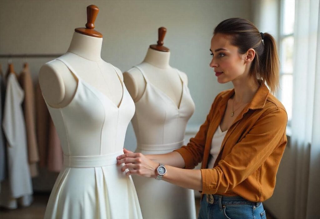 diseñadora presentando varios tipos de vestidos en manquins