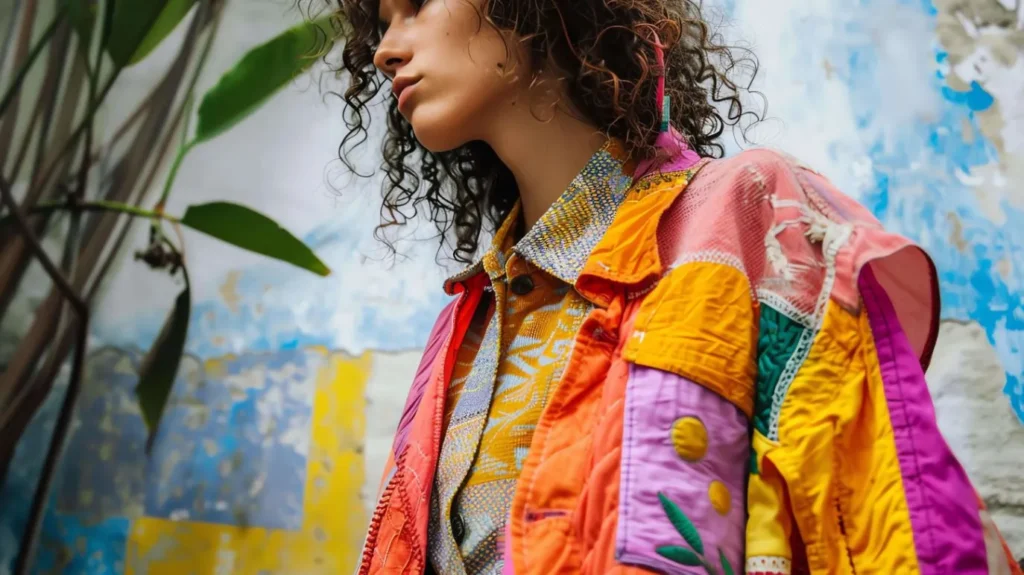 A model wearing a colorful upcycled clothing coat.